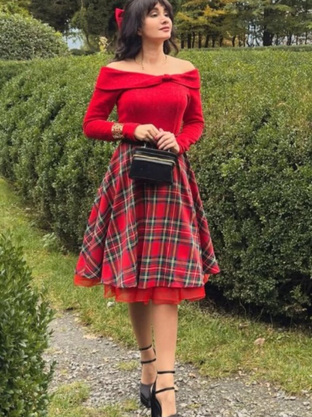 Red 1950's Christmas Off Shoulder Tartan dress